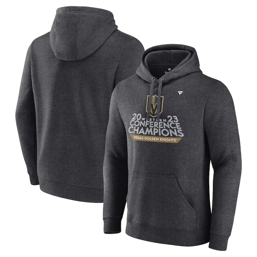 Knights '23 Western Champions locker room hoodie - Heather charcoal colorway on a white background.
