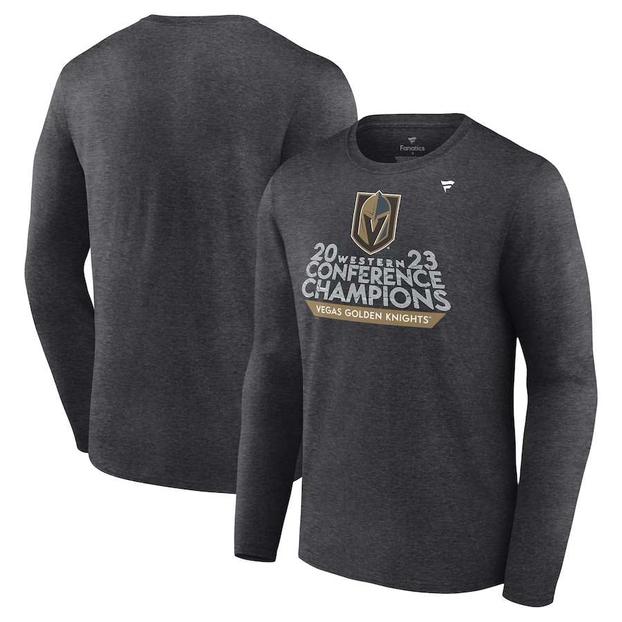 Knights '23 Western Champs locker room long sleeve shirt - Heather charcoal colored on a white background.