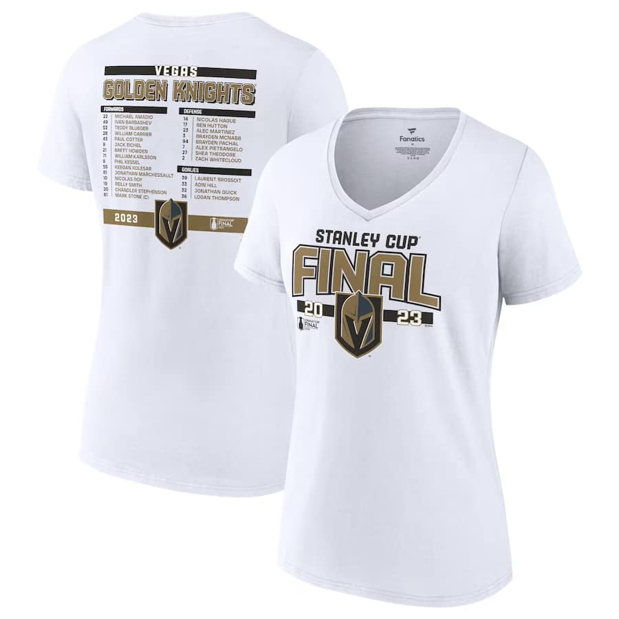 Knights Women's 2023 Stanley Cup final roster v-neck t-shirt - White colored on a white background.