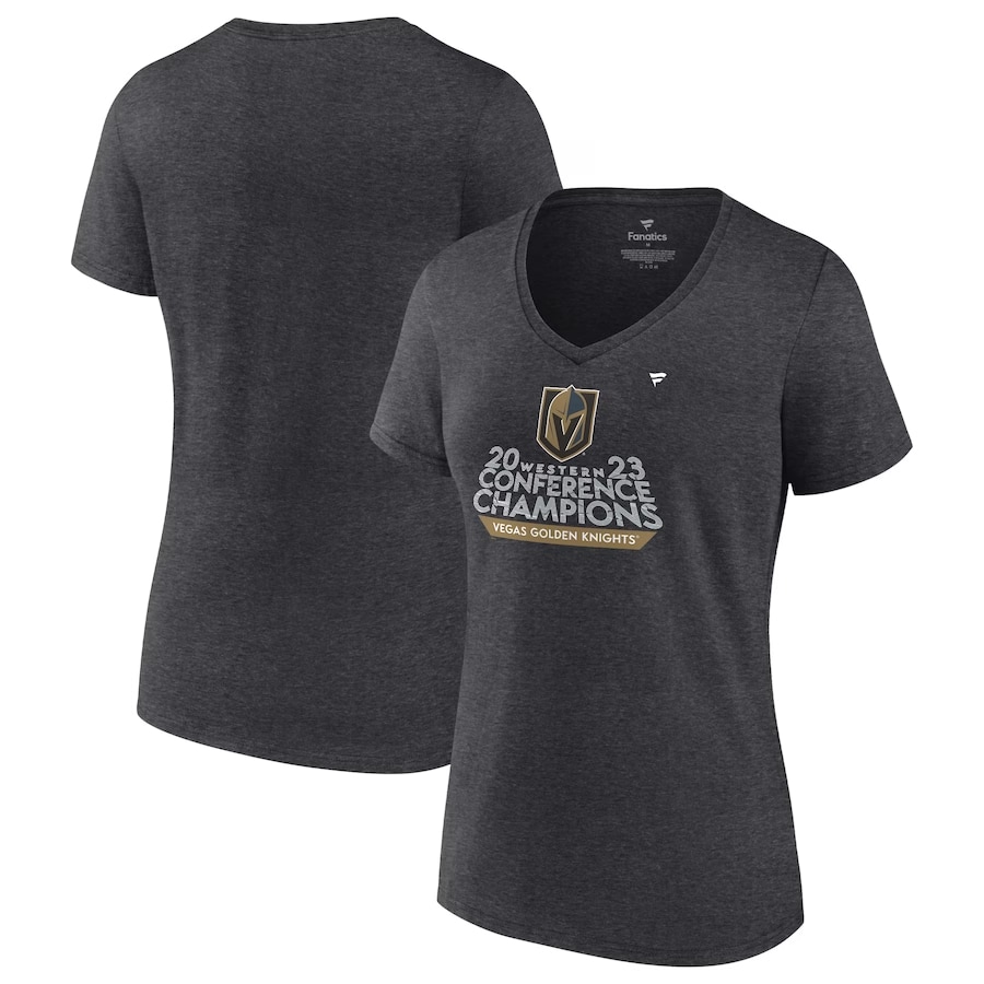 Knights Women's '23 Western locker room v-neck t-shirt - Heather charcoal colored on a white background.