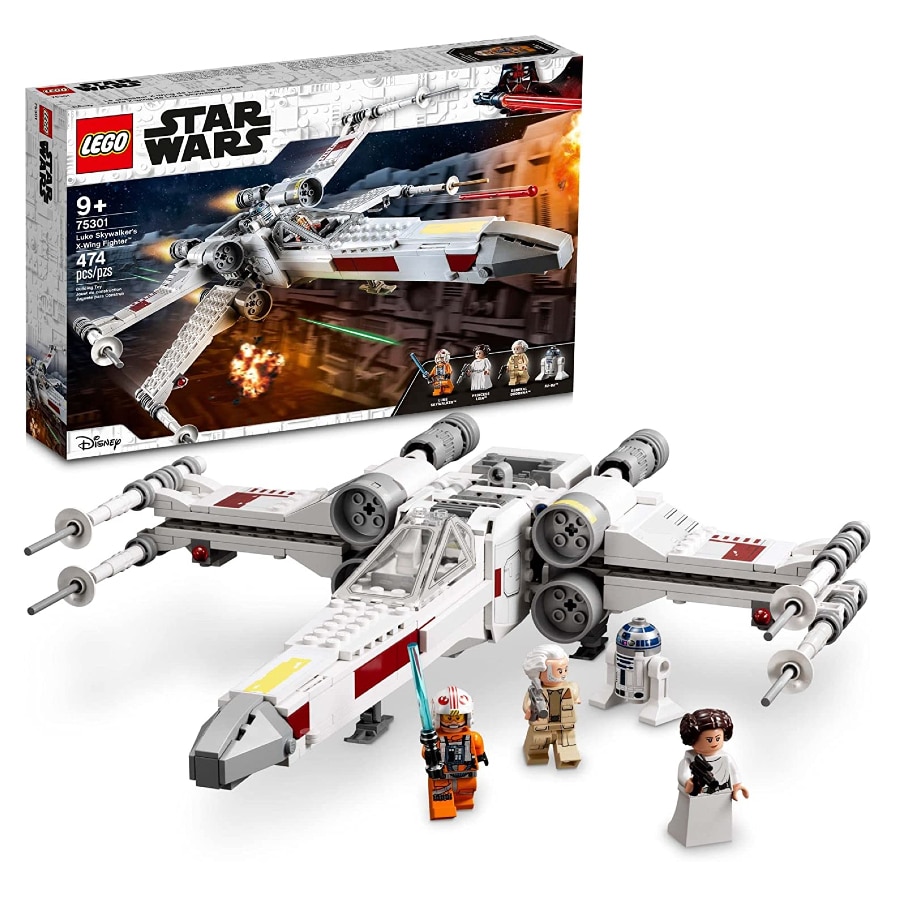 LEGO Star Wars Luke Skywalker's X-Wing Fighter lego boxset with figurines on a white background. 