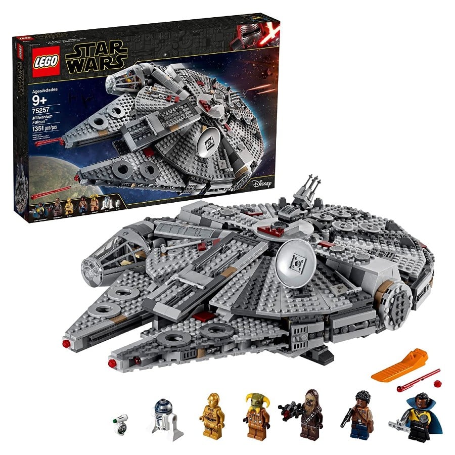 LEGO Star Wars Millennium Falcon set with action figures on a white background with boxset.