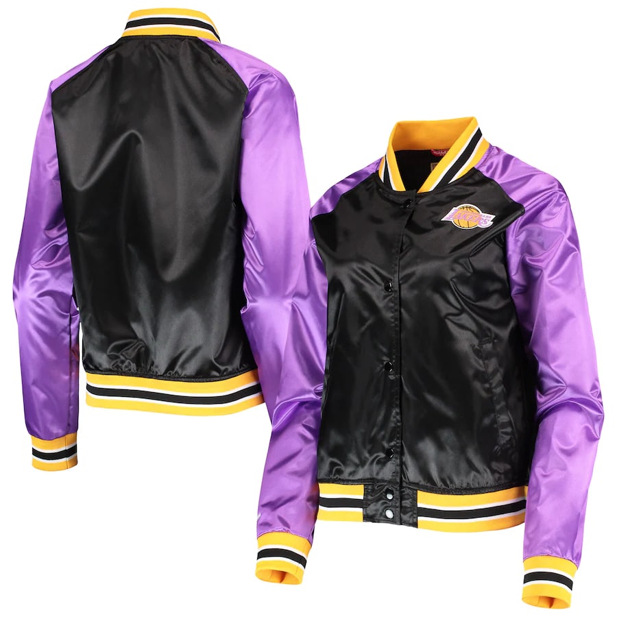 Lakers Mitchell & Ness Women's Classics Satin Full-Snap Jacket - Black and purple colorway on a white background.