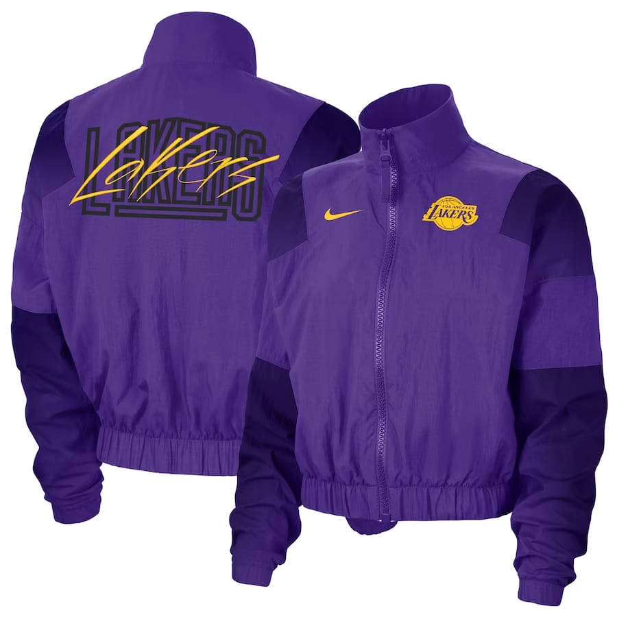Lakers Nike Women's Wordmark Courtside Full-Zip Jacket - Purple colorway on a white background.