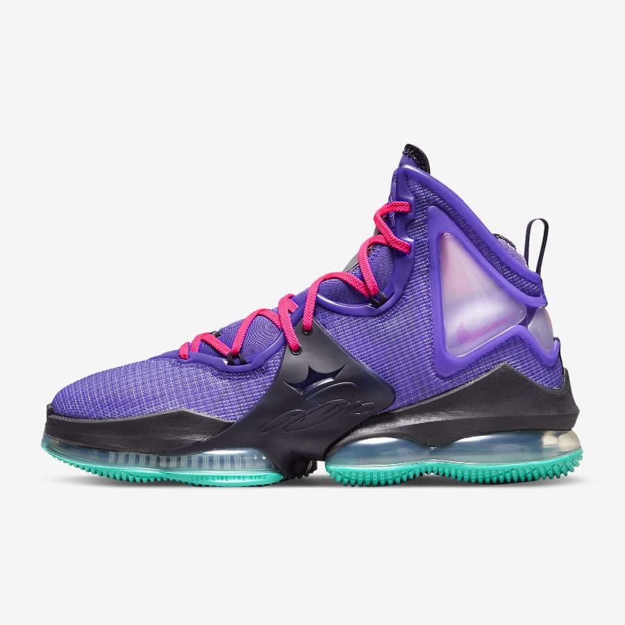 LeBron 19 Basketball Shoes - Berry/Purple colorway on a grey background.