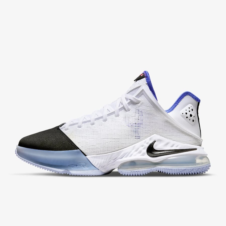 LeBron 19 Low Basketball Shoes - White/Blue/Black colorway on a grey background. 