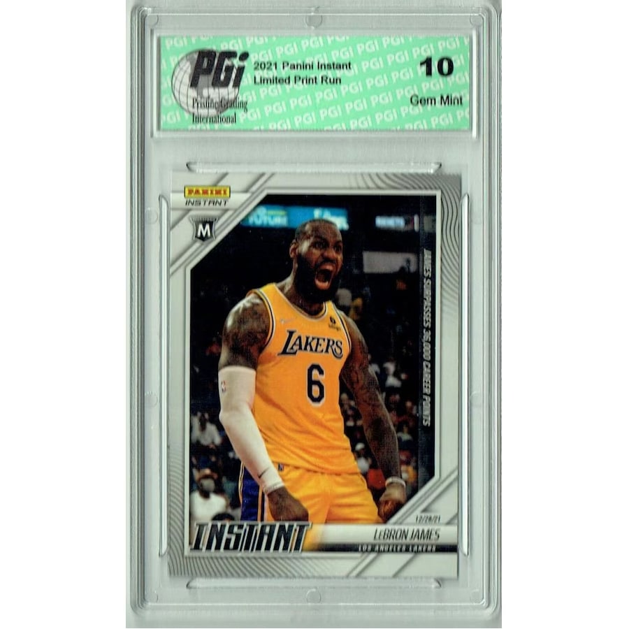 LeBron James 2021 Panini Instant #77 36k Points, 1/1222 made PGI 10 trading card on a white background.