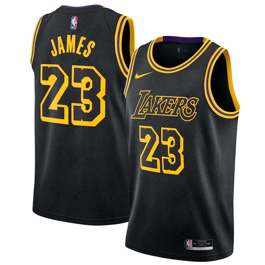 LeBron James #23 Lakers Nike City Edition Swingman Jersey - Black on a white background.