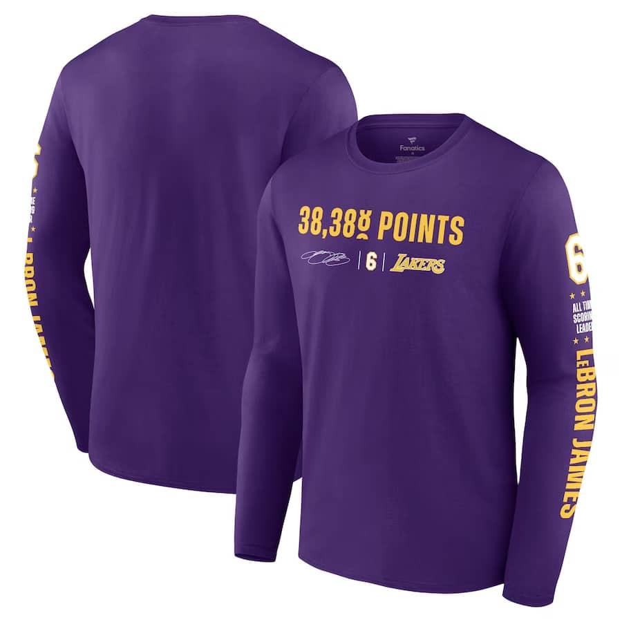 LeBron James Fanatics NBA Scoring Record Long Sleeve T-Shirt - Purple color on a white background.