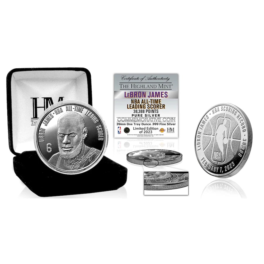 LeBron James Highland Mint NBA Scoring Record 39mm Silver Mint Coin on a white background.