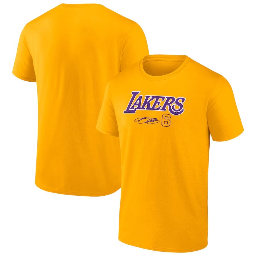 LeBron James Los Angeles Lakers Fanatics T-Shirt - Gold colorway on a white background.