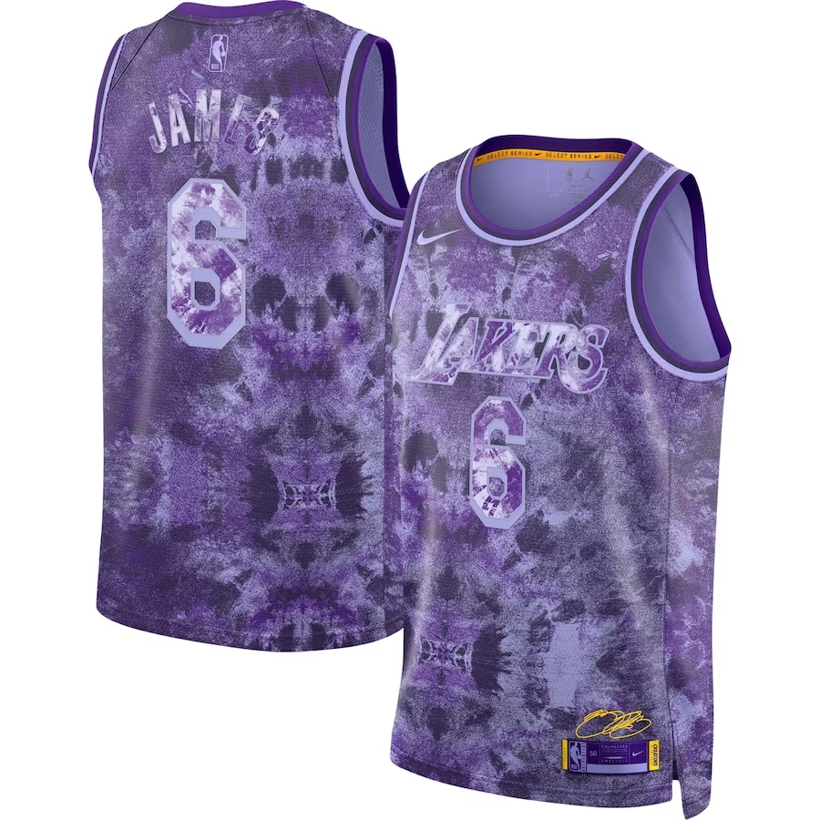 LeBron JamesLakers Nike Unisex Select Series Swingman Jersey - Purple on a white background.