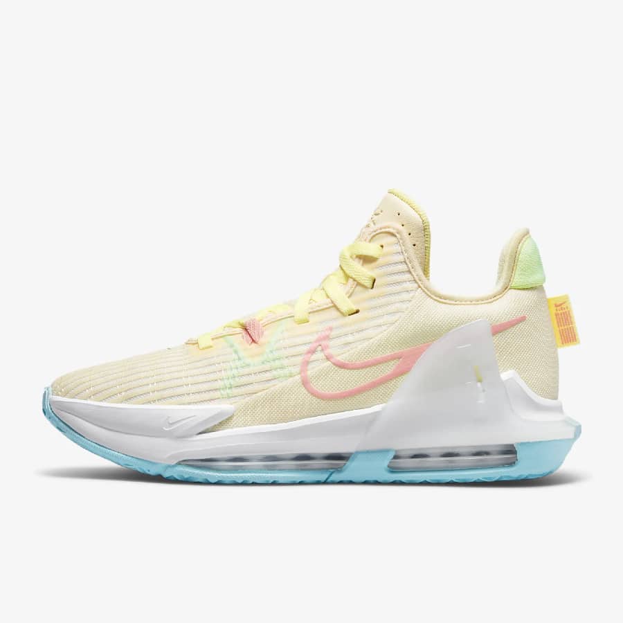 LeBron Witness 6 Basketball Shoes - Coconut milk/Citron colorway on a grey background. 