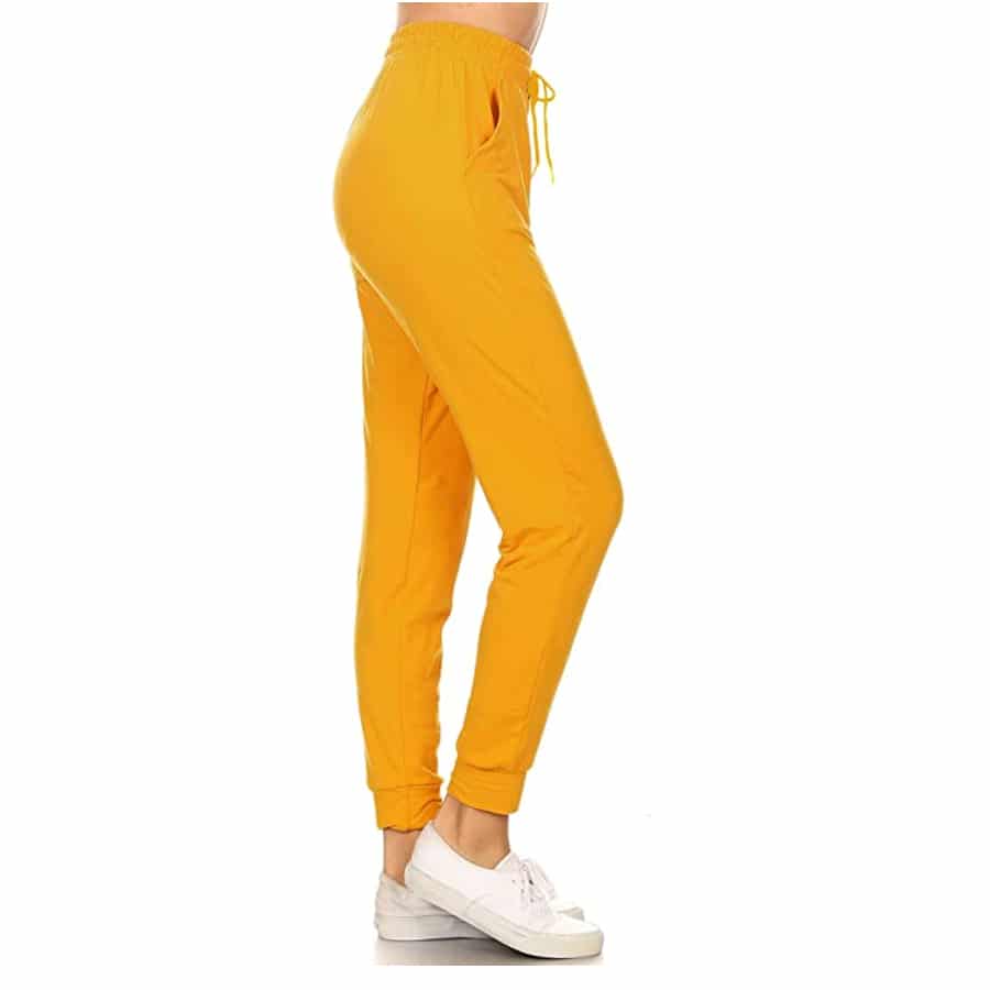 Leggings Depot Women's Solid Activewear Cuff Sweatpants - Gold color on a white background.