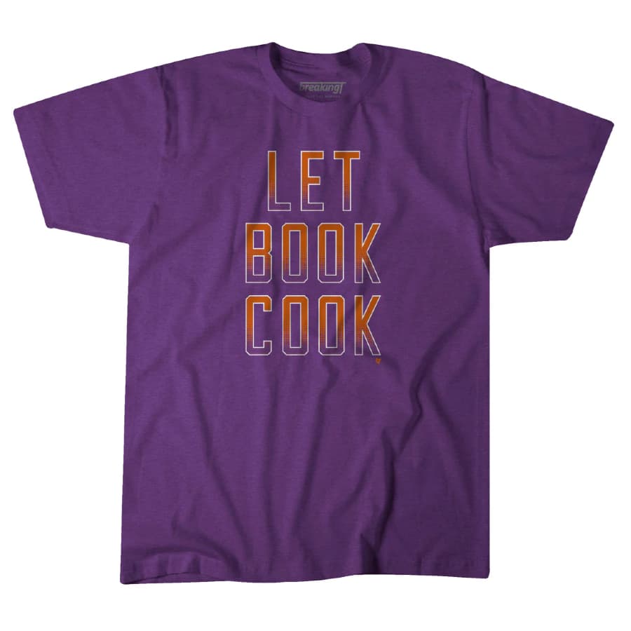 Let Book Cook- purple tshirt on a white background.