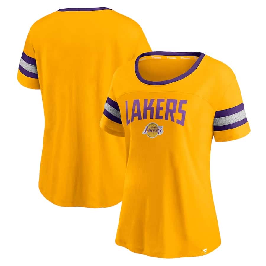 Los Angeles Lakers Women's Block Party Striped T-Shirt - Gold/Gray colorway on a white background.