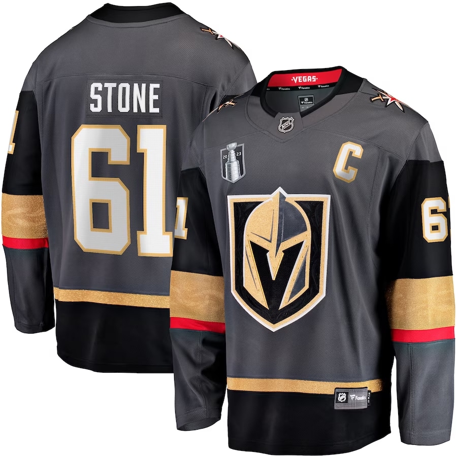 Mark Stone Knights '23 Stanley Cup Final jersey - Black colored on a white background.