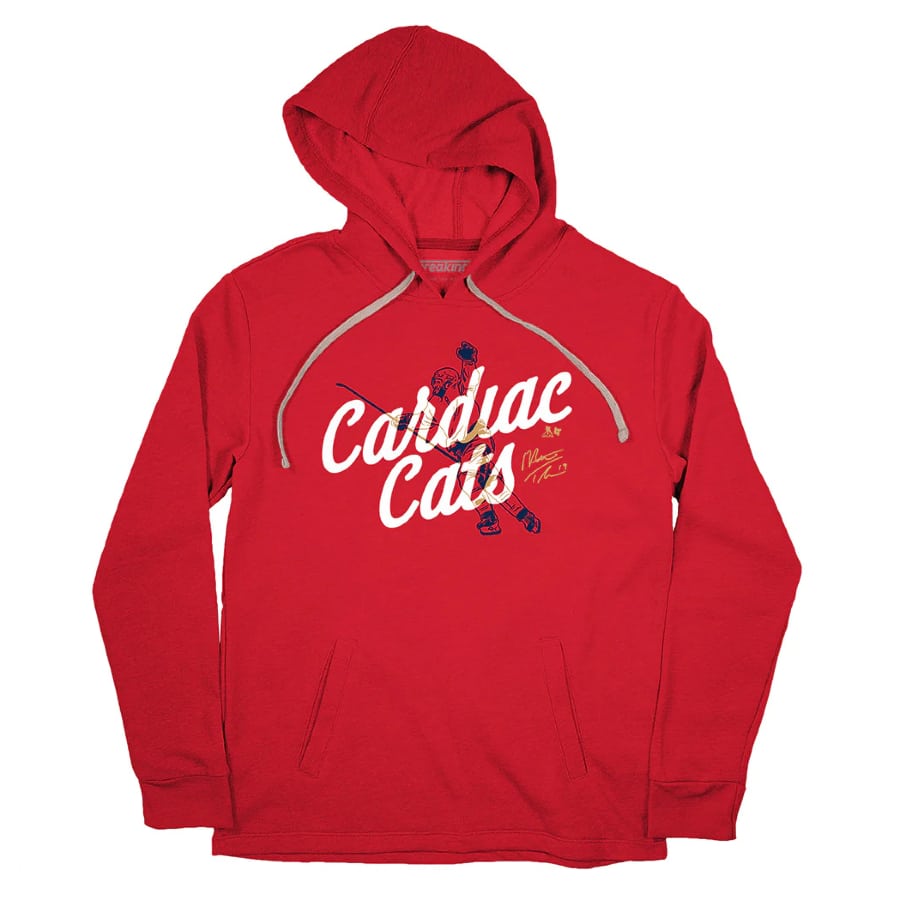 Matthew Tkachuk: Cardiac Cats hoodie - Red hoodie on a white background.