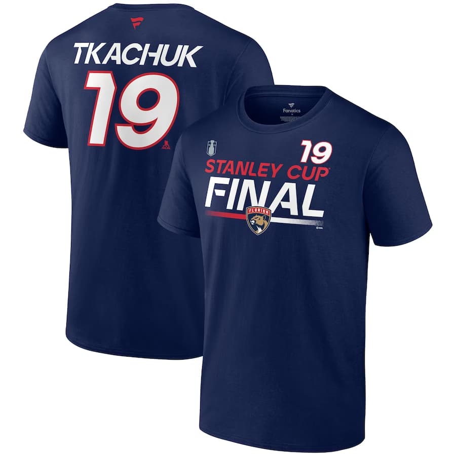 Matthew Tkachuk Panthers '23 Stanley Cup Final authentic t-shirt - Navy colorway on a white background.