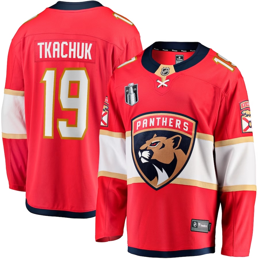 Matthew Tkachuk Panthers '23 Stanley Cup Final home jersey - Red colored on a white background.