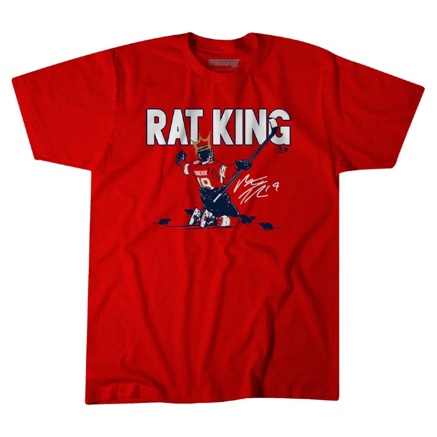 Matthew Tkachuk: The Rat King t-shirt - Red colorway on a white background.
