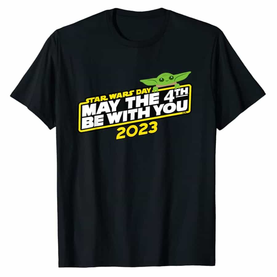 May the 4th Be With You 2023 Logo Baby Grogu T-Shirt - Black on a white background.