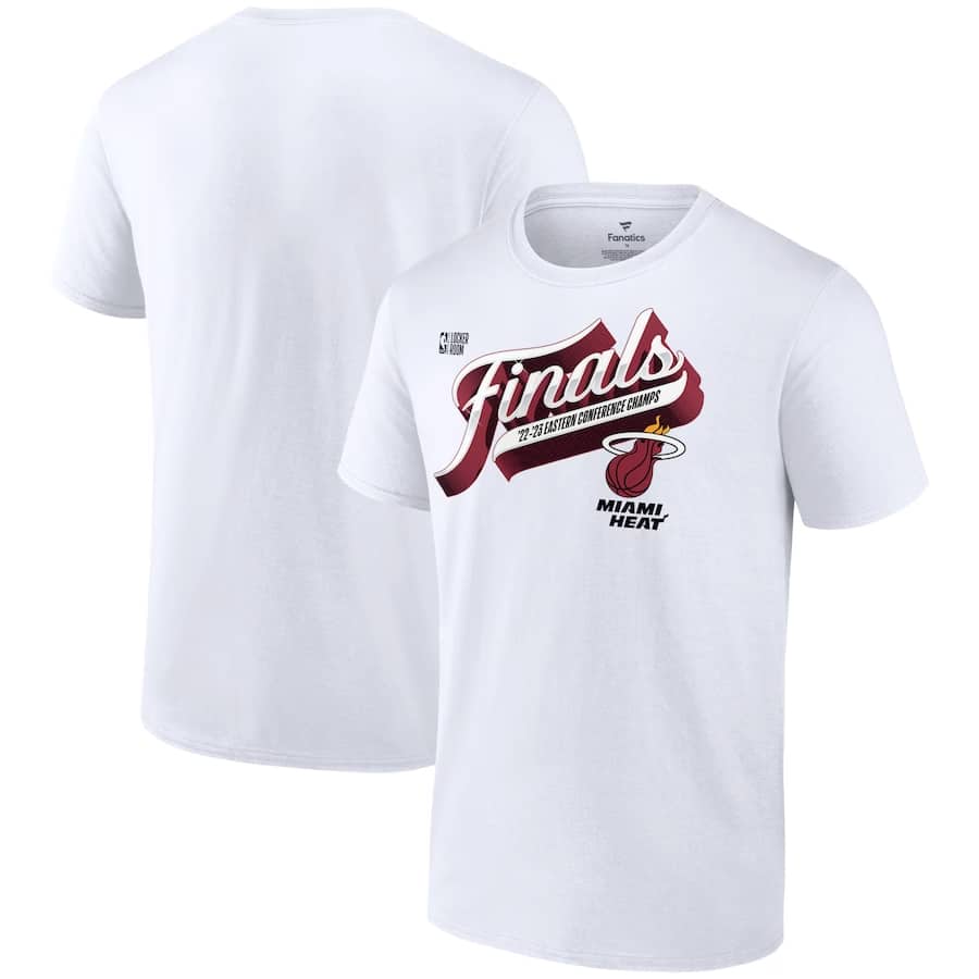 Miami Heat '23 Eastern Champions locker room authentic t-shirt - White colored on a white background.
