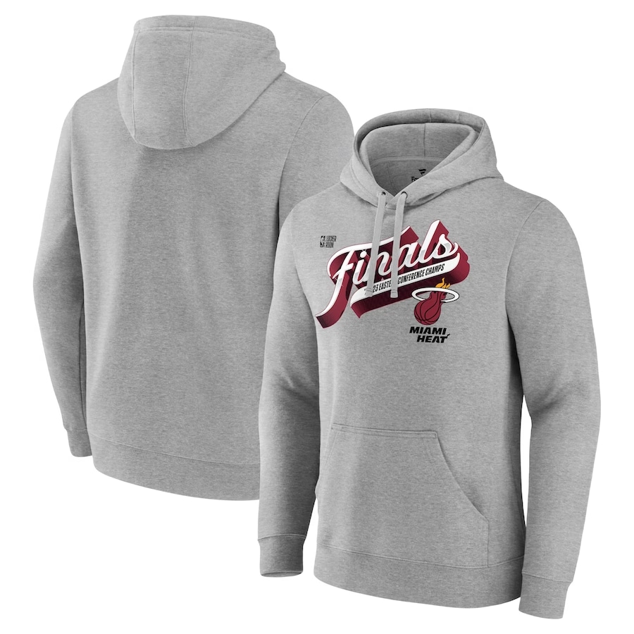 Miami Heat '23 Eastern Conference Champs locker room hoodie - Heather gray colorway on a white background.