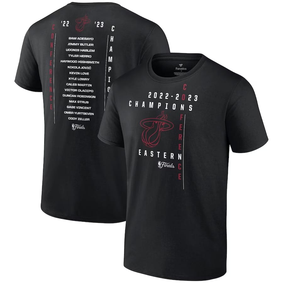 Miami Heat '23 Eastern Conference Champs team roster t-shirt - Black colored on a white background.