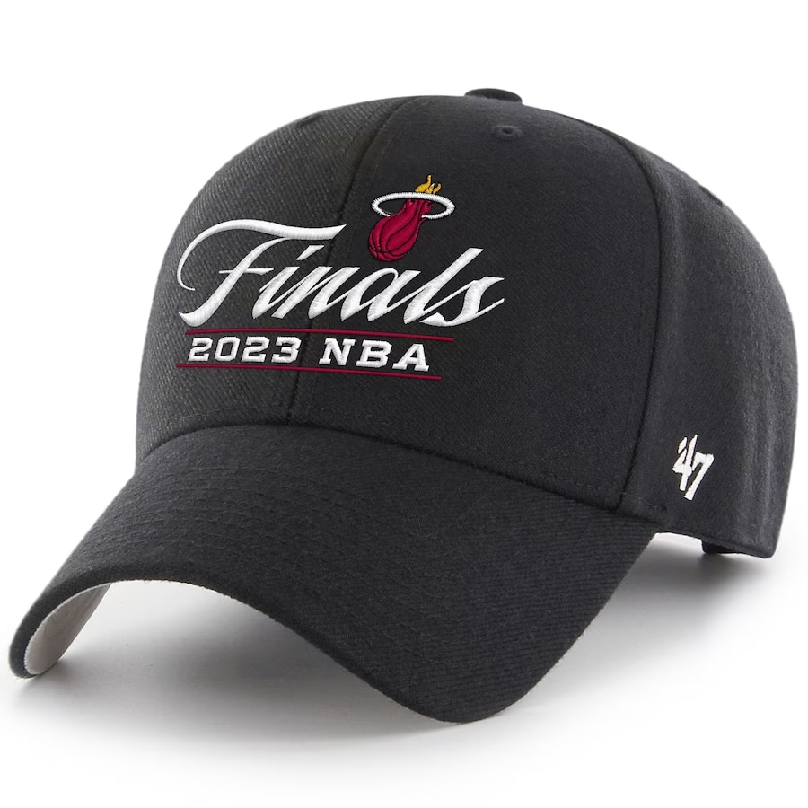 Miami Heat '47 2023 NBA Finals MVP adjustable hat - Black colorway on a white background.
