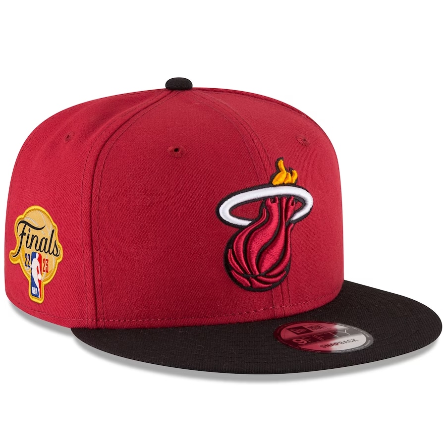 Miami Heat New Era '23 NBA Finals Two-Tone patch snapback hat - Red/Black colorway on a white background.
