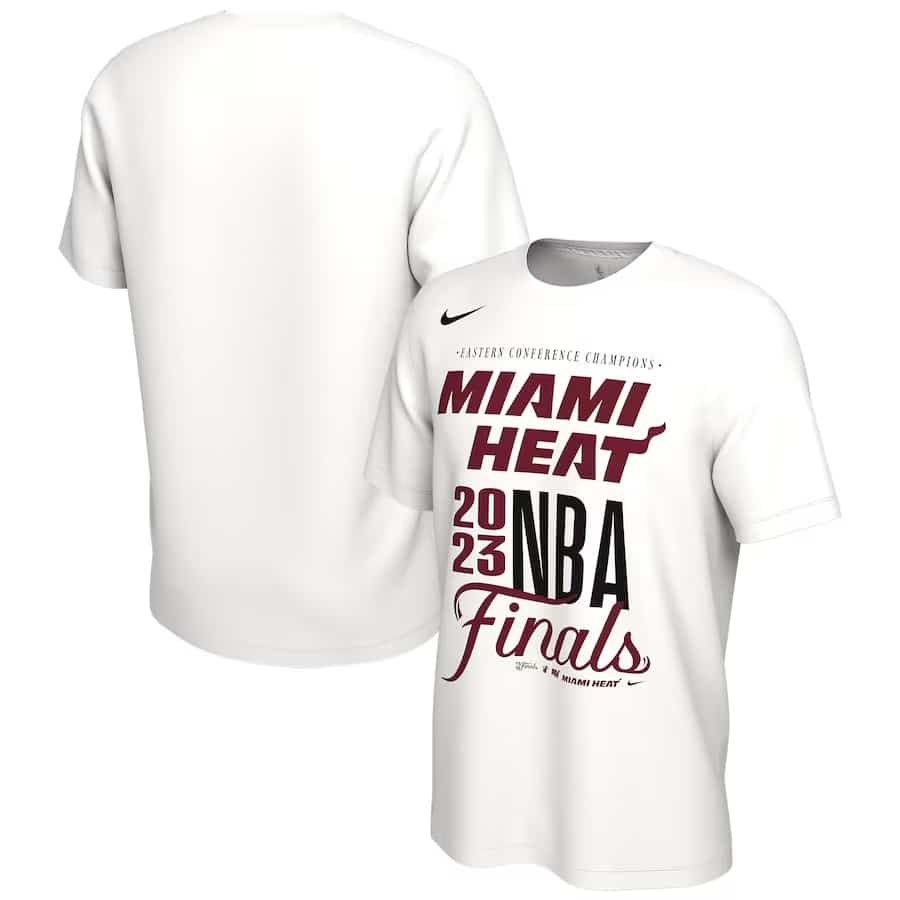 Miami Heat Nike unisex 2023 NBA Finals t-shirt - White colorway on a white background.