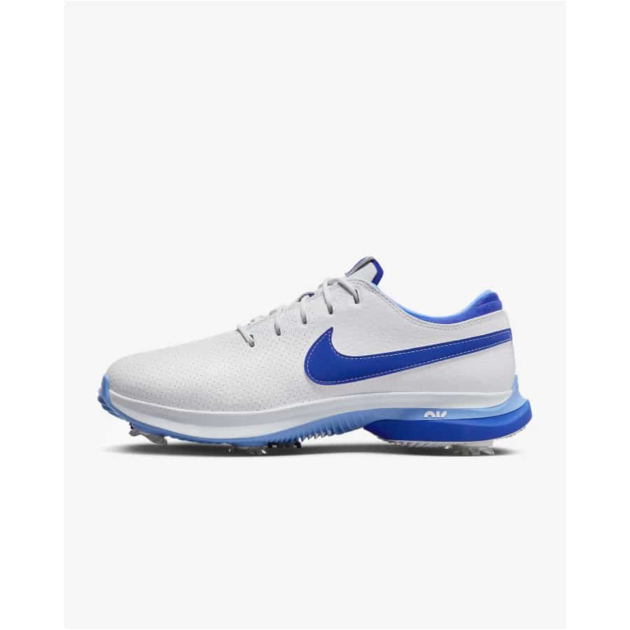 Nike Air Zoom Victory Tour 3 Pro - White/blue colorway on a grey background.