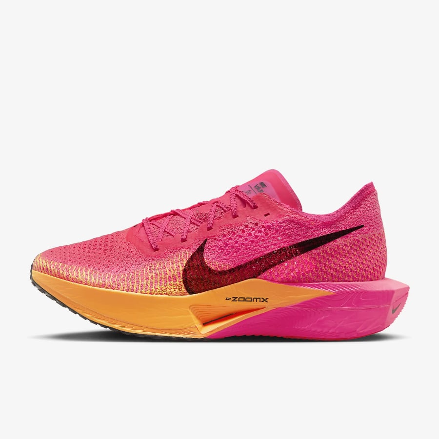 Nike Vaporfly 3 - Hyper pink/Laser orange colorway on a light gray background.