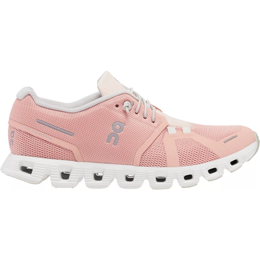 On Women's Cloud 5 Shoes in barely pink colorway on a white background. 