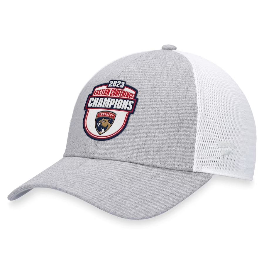 Panthers '23 Eastern Champions locker room adjustable hat - Gray/White colorway on a white background.