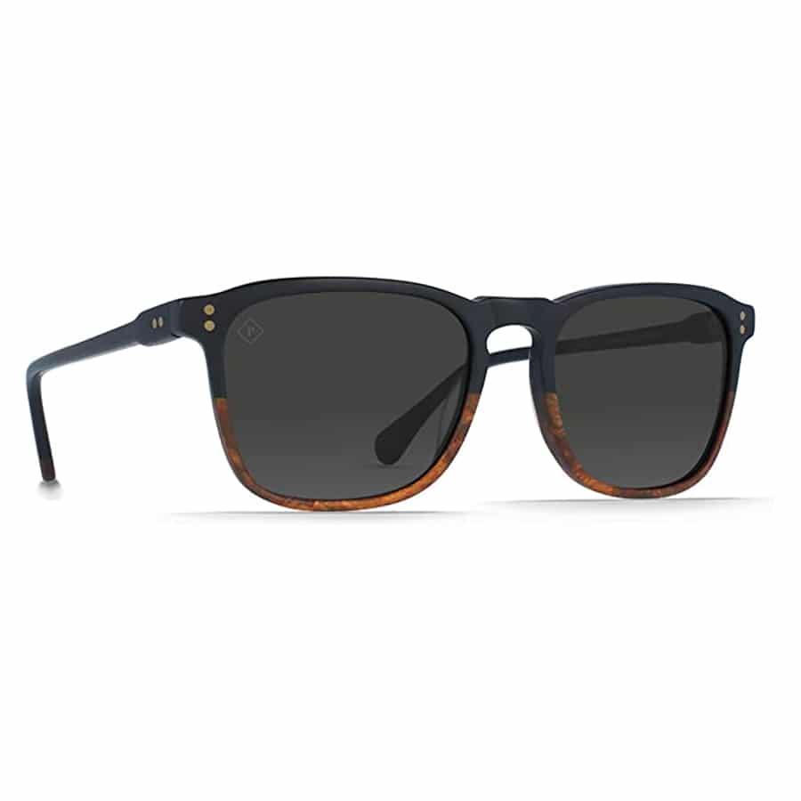 Raen Wiley two-tone polarized sunglasses - Burlwood/Black colorway on a white background.