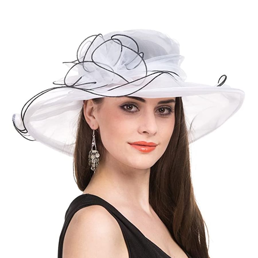 Woman modeling a SAFERIN Women's Organza Church Fascinator white hat with a white background.