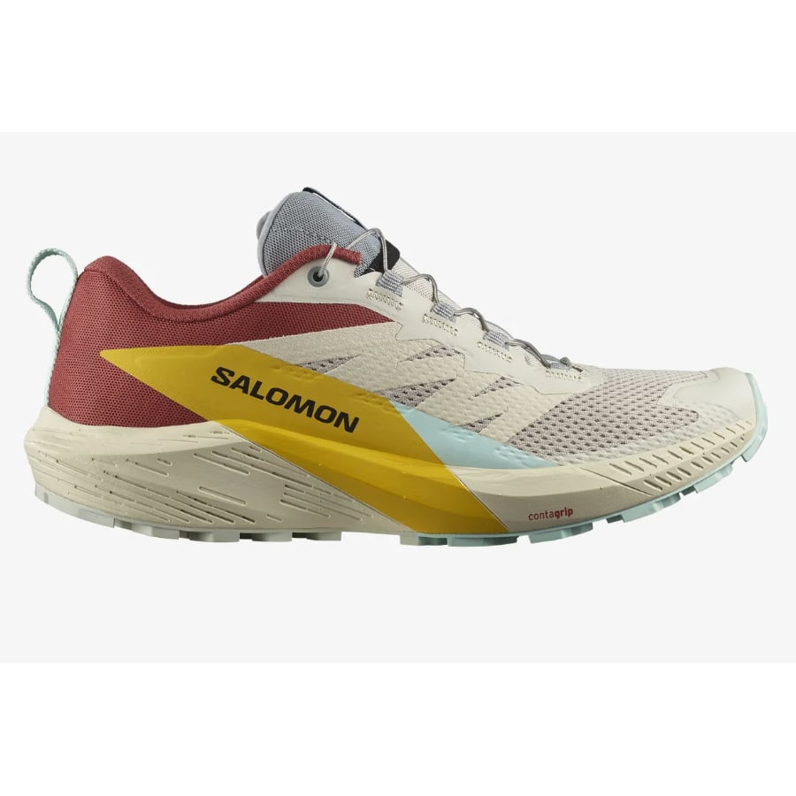 Salomon Sense Ride 5 - Rainy day/Hot sauce colorway running shoes on a light gray background.