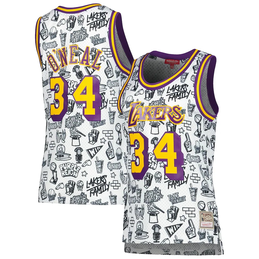 Shaquille O'Neal Mitchell & Ness Women's 1996 Doodle Jersey - White colorway on a white background.