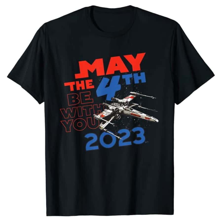 Star Wars Day May the 4th Be With You 2023 X-Wing Fighter T-Shirt - Black on a white background.
