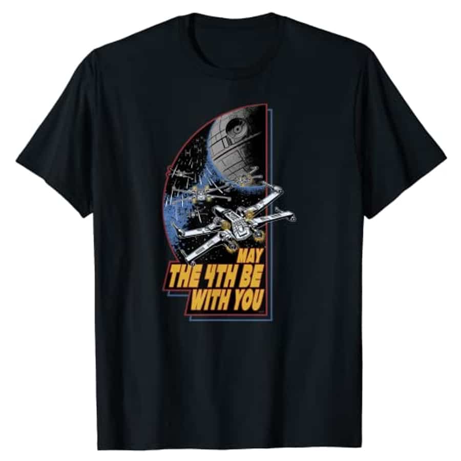 Star Wars Day May the 4th Be With You Vintage Space Battle black T-Shirt on a white background.
