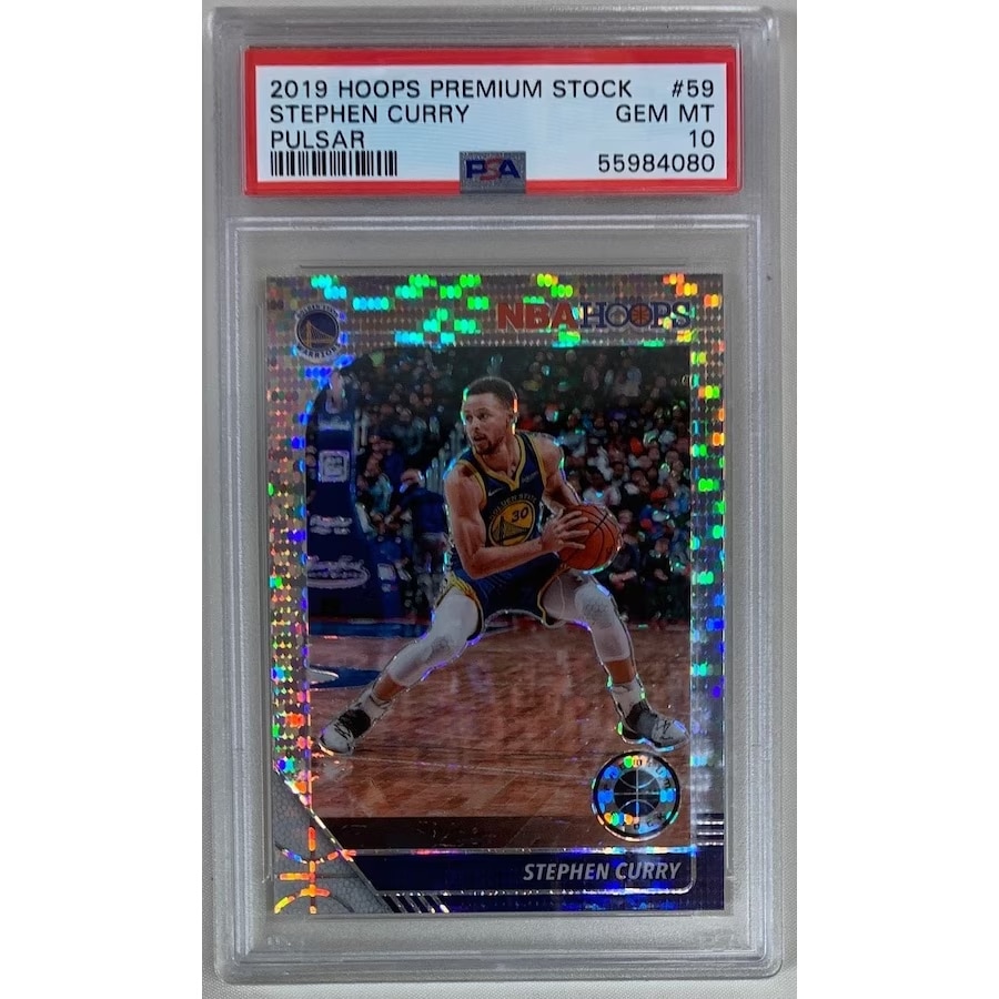 Stephen Curry 2019 Panini Pulsar Basketball Card #59 Graded PSA 10 on a white background.