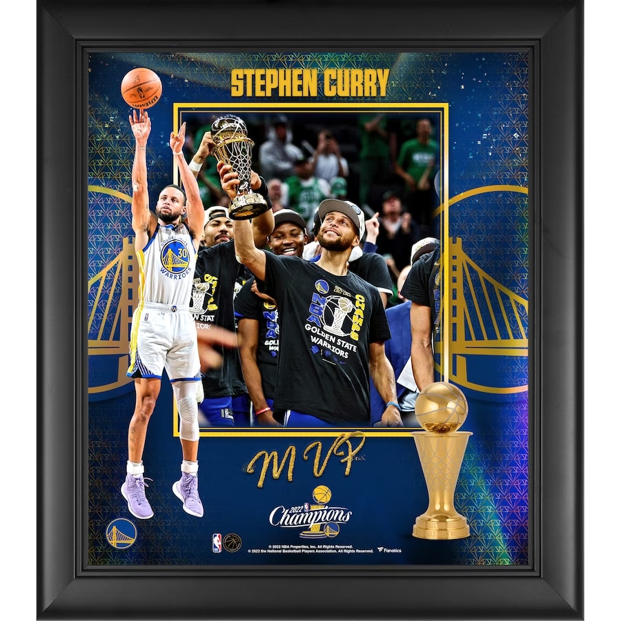 Stephen Curry '22 NBA Finals Champions MVP Framed Collage Photo on a white background.