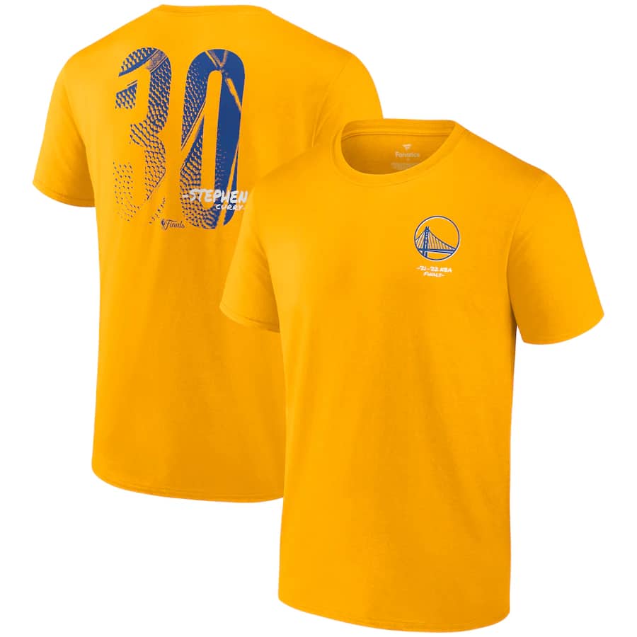 Stephen Curry Fanatics '22 NBA Finals Champions T-Shirt - Gold colorway on a white background.