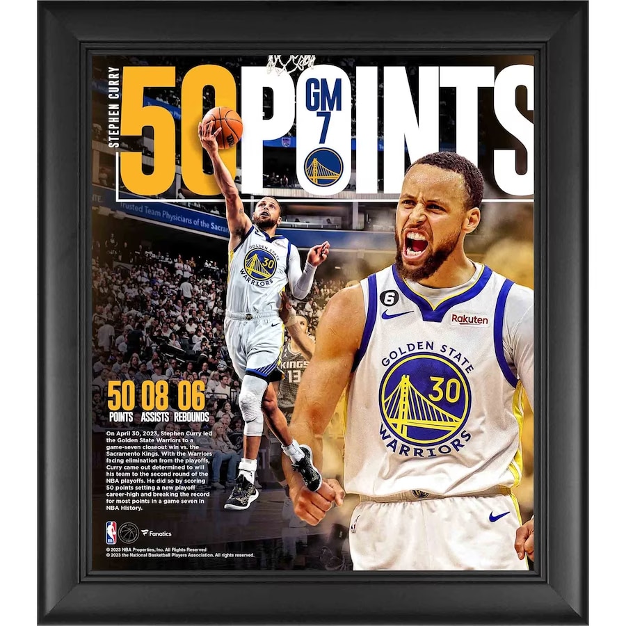 Stephen Curry Framed 15" x 17" 2023 NBA Playoffs 50-Point Game 7 Collage on a white background.