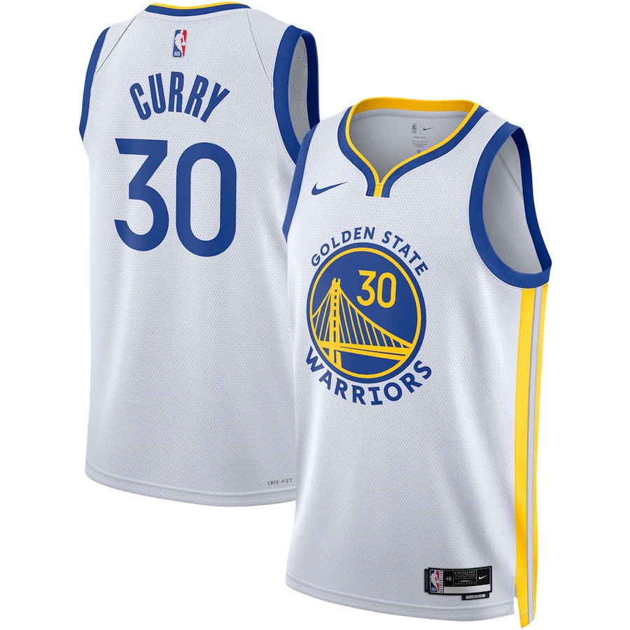 Stephen Curry Nike 2022/23 Swingman Jersey - Association Edition - White jersey on a white background.