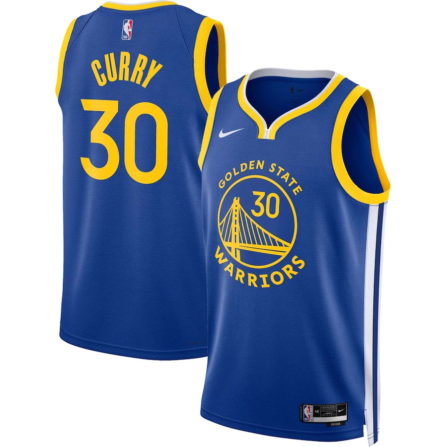 Stephen Curry Nike 2022 23 Swingman Jersey - Icon Edition - Royal on a white background.