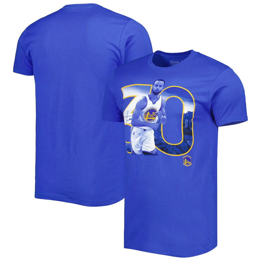 Stephen Curry Stadium Essentials Unisex Player Skyline T-Shirt - Royal blue colorway on a white background.