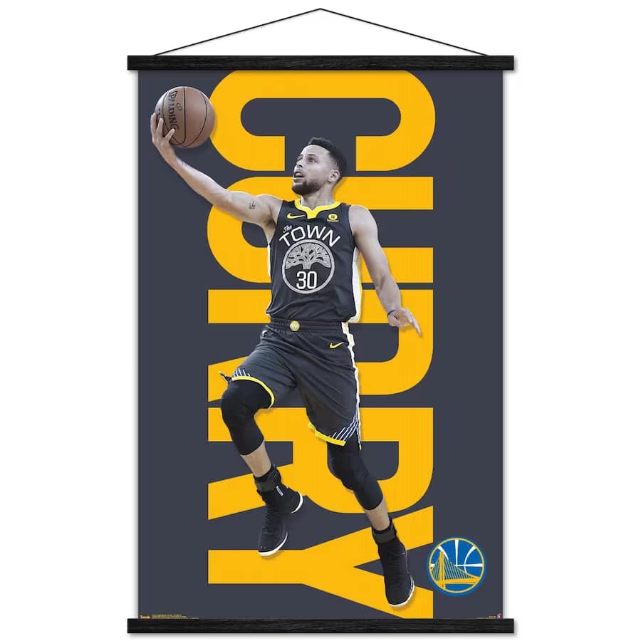 Stephen Curry Warriors Layup 35'' x 24'' Framed Player Poster on a white background.
